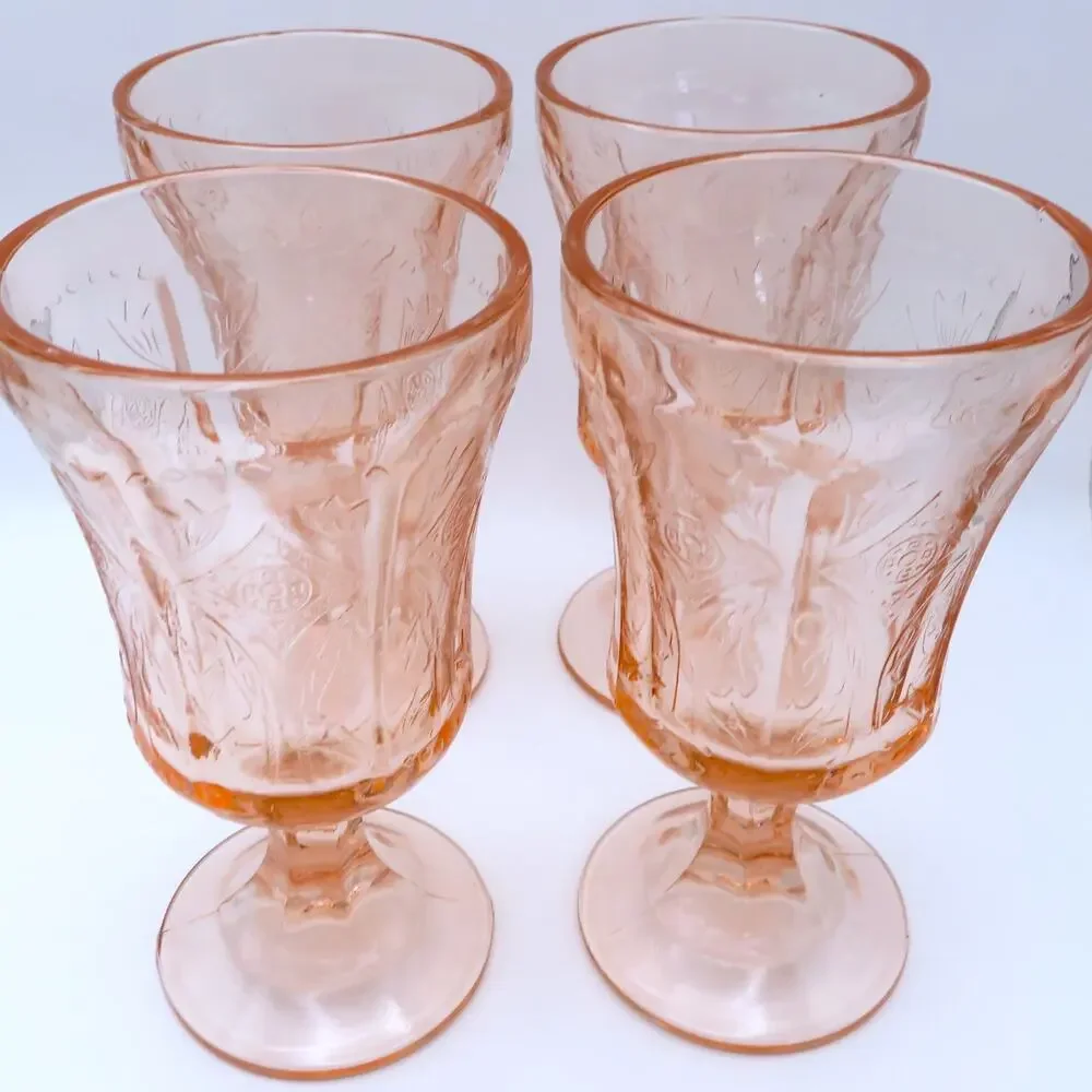 Vintage Indiana Glass Pink Recollection Madrid Goblets Set of 4 Water Glasses